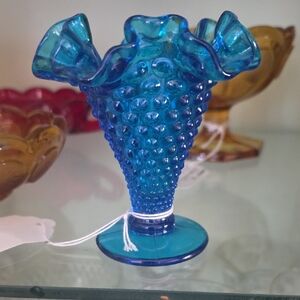 Fenton Blue Hobnail Ruffled Vase